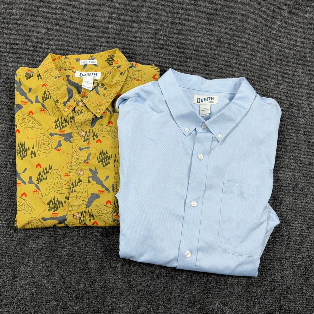 Duluth Trading Co Button Down Shirt Lot Map Print & Solid Blue 3XL Relaxed Fit